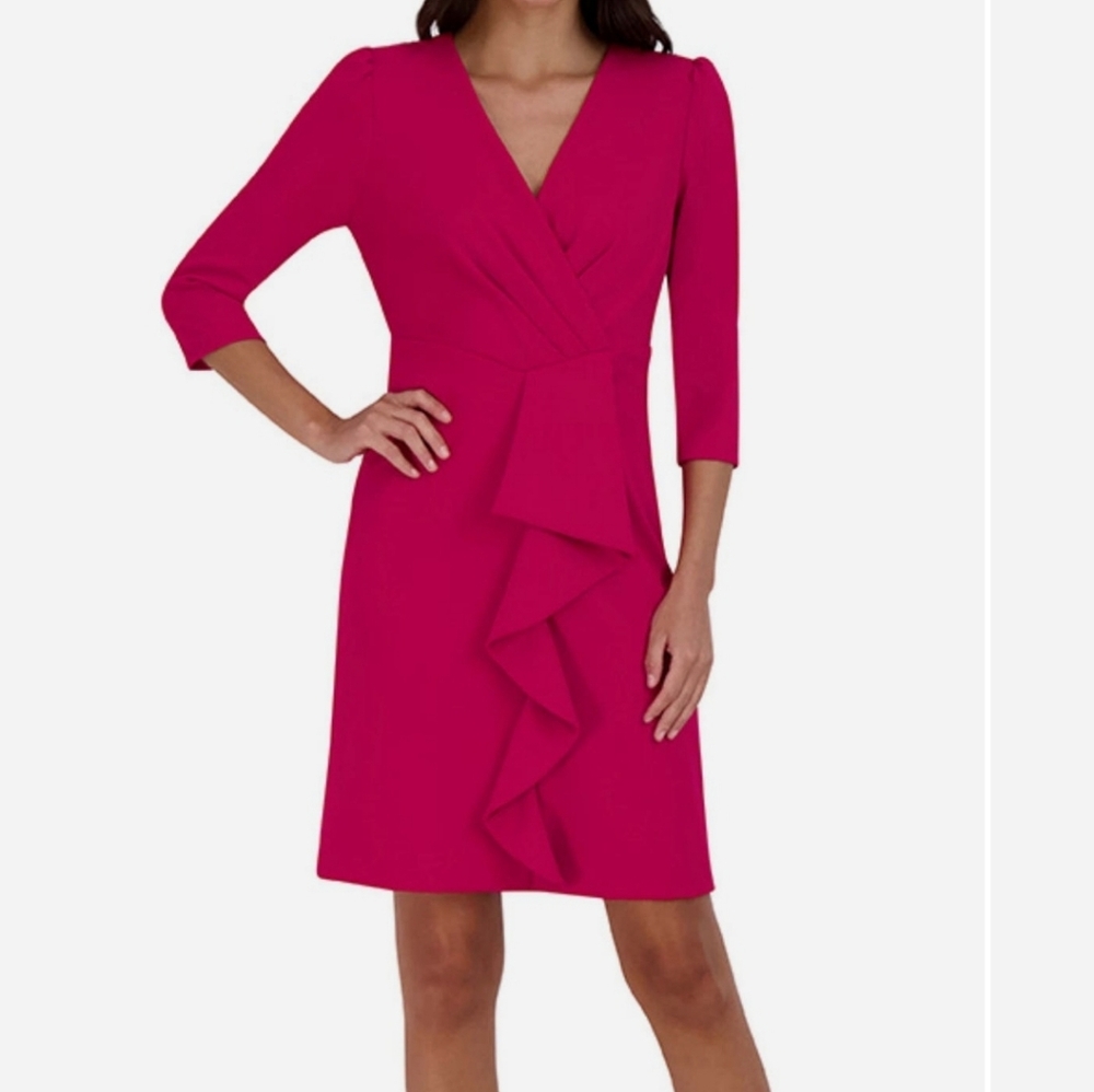 JULIA JORDAN 3/4 SLEEVE CASCADE RUFFLE DRESS SIZE 10 DRAGON FRUIT PINK